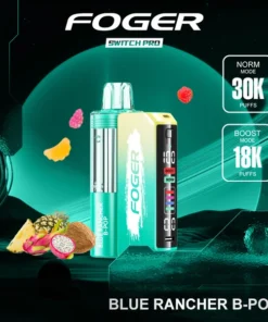Blue rancher b pop kit by Foger with the prefilled pod clicked into the 850mAh magnetic power bank dock