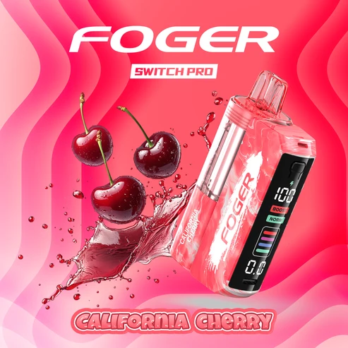 CALIFORNIA-CHERRY California cherry kit with prefilled pod beside the reusable Foger Switch Pro power bank dock