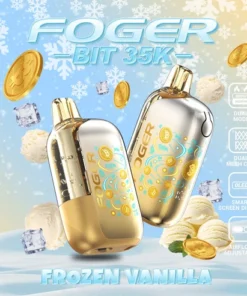 Frozen vanilla bit 35k disposable showing its transparent tank and Bitcoin chip-board artwork