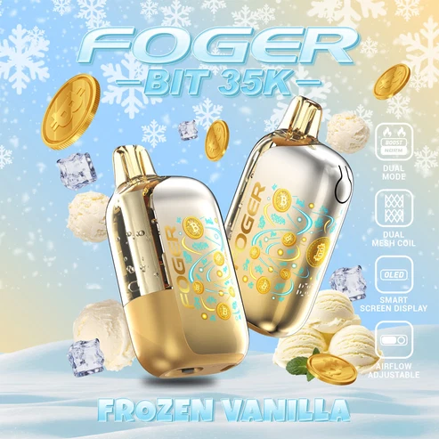 IMG_0640 Frozen vanilla bit 35k disposable showing its transparent tank and Bitcoin chip-board artwork