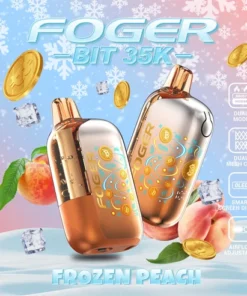Frozen peach bit 35k disposable with its transparent tank and Bitcoin chip-board artwork under the shell