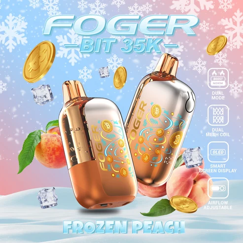 IMG_0641 Frozen peach bit 35k disposable with its transparent tank and Bitcoin chip-board artwork under the shell