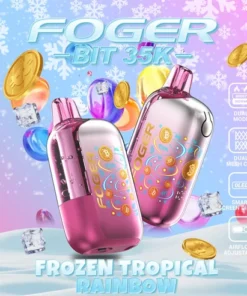 Frozen Tropical Rainbow 35K disposable vape with mixed tropical fruit flavor, transparent tank and Bitcoin chip-board artwork under a clear shell
