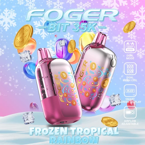IMG_0642 Frozen Tropical Rainbow 35K disposable vape with mixed tropical fruit flavor, transparent tank and Bitcoin chip-board artwork under a clear shell