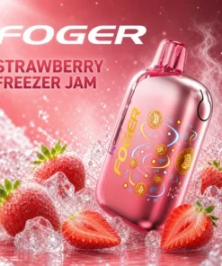 Strawberry Freezer Jam 35K Foger Bit disposable showing Bitcoin chip-board artwork through a transparent shell