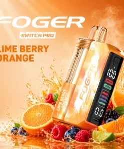 Lime berry orange kit — Foger Switch Pro kit with the prefilled pod clicked into the reusable power bank dock