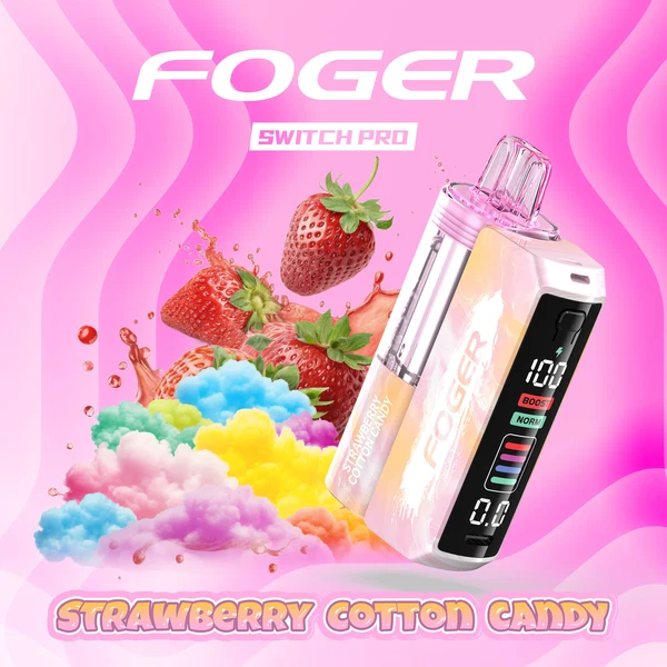 STRAWBERRY-COTTON-CANDY Strawberry Cotton Candy Kit by Foger with the prefilled 19mL pod clicked into the 850mAh Switch Pro power bank