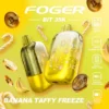 Banana taffy freeze 35k Foger Bit disposable showing the Bitcoin chip-board artwork through its clear shell