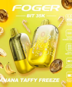 Banana taffy freeze 35k Foger Bit disposable showing the Bitcoin chip-board artwork through its clear shell