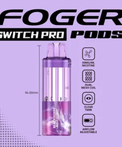 Blackberry blueberry Switch Pro pod by Foger with a clear 19mL tank snapped onto the magnetic power bank dock