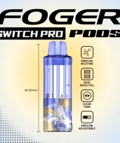 Blackberry passion refresher pod by Foger with a clear 19mL tank next to the magnetic Switch Pro charging dock