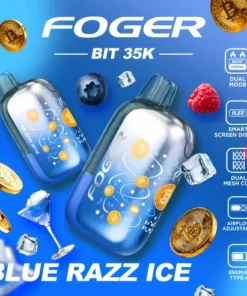 Blue razz ice 35k disposable with transparent case, clear tank and Bitcoin chip-board artwork