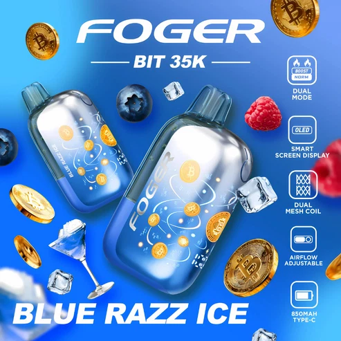 blue-razz-ice-foger-bit-35k-cover Blue razz ice 35k disposable with transparent case, clear tank and Bitcoin chip-board artwork
