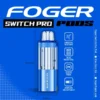 Blue razz ice pod by Foger clicked into the Switch Pro magnetic dock, clear 19mL tank showing the e-liquid level