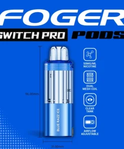 Blue razz ice pod by Foger clicked into the Switch Pro magnetic dock, clear 19mL tank showing the e-liquid level