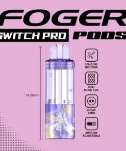 Blue sour raspberry pod from Foger with a transparent 19mL tank beside the Switch Pro charging dock