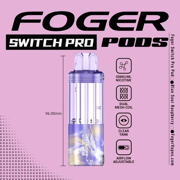 blue-sour-raspberry-foger-switch-pro-30k-puffs-disposable-pod-cover Blue sour raspberry pod from Foger with a transparent 19mL tank beside the Switch Pro charging dock