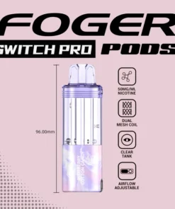 Blueberry cotton candy pod by Foger clicked into the Switch Pro power bank, clear 19mL tank visible