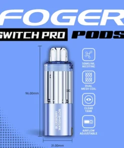 Blueberry watermelon Switch Pro pod by Foger with a clear 19mL tank clicked into the magnetic charging dock