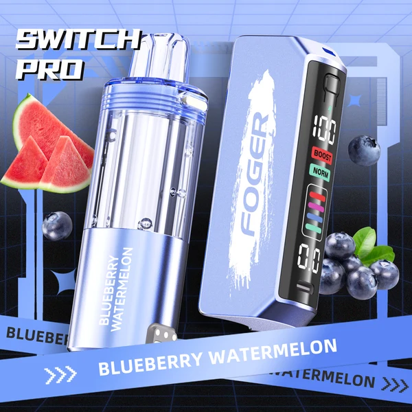 blueberry-watermelon-foger-switch-pro-30k-puffs-disposable-vape (1) Blueberry watermelon kit by Foger with the prefilled pod clicked into the reusable 850mAh power bank dock