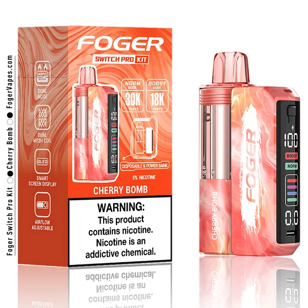 cherry-bomb-foger-switch-pro-30k-puffs-disposable-kit-box Cherry Bomb Pro Kit with the prefilled pod clicked onto the reusable Switch Pro power bank dock