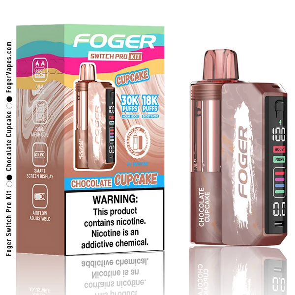 chocolate-cupcake-foger-switch-pro-30k-puffs-disposable-kit-box Chocolate cupcake kit by Foger with the prefilled pod clicked into the reusable 850mAh power bank dock