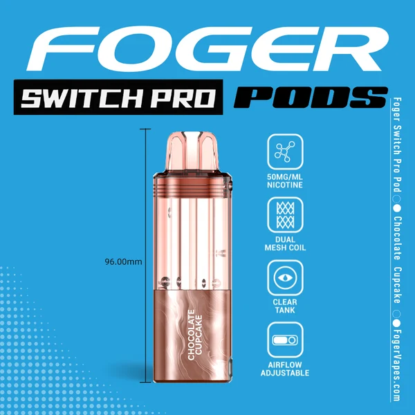 chocolate-cupcake-foger-switch-pro-30k-puffs-disposable-pod-1 Chocolate cupcake Switch Pro pod by Foger with a clear 19mL tank clicked into the magnetic charging dock