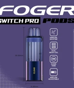 Clear Switch Pro pod by Foger with a transparent 19mL tank clicked into the magnetic charging dock