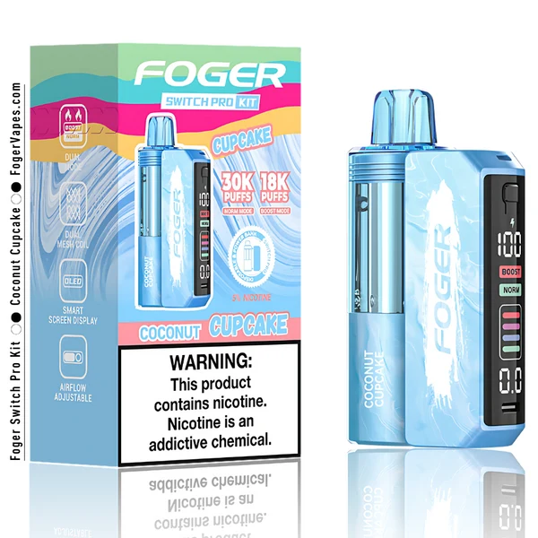 coconut-cupcake-foger-switch-pro-30k-puffs-disposable-kit-box Coconut cupcake pro kit with prefilled pod clicked onto the reusable power bank dock