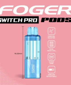 Coconut cupcake Switch Pro pod by Foger with a clear 19mL tank beside the reusable power bank dock