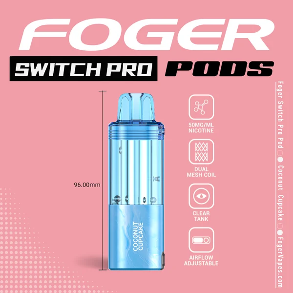 coconut-cupcake-foger-switch-pro-30k-puffs-disposable-pod-1 Coconut cupcake Switch Pro pod by Foger with a clear 19mL tank beside the reusable power bank dock