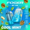 Cool Mint Bit 35K disposable vape by Foger, clear tank showing the e-liquid level and Bitcoin chip-board artwork