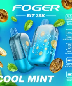 Cool Mint Bit 35K disposable vape by Foger, clear tank showing the e-liquid level and Bitcoin chip-board artwork