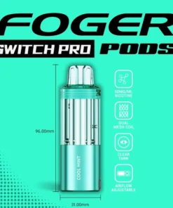 Cool mint Switch Pro pod by Foger with a clear 19mL tank clicked into the magnetic charging dock