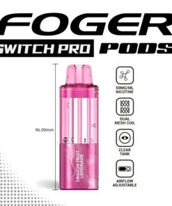 Dragon fruit lemonade pod by Foger clicked onto the Switch Pro magnetic dock, clear 19mL tank showing