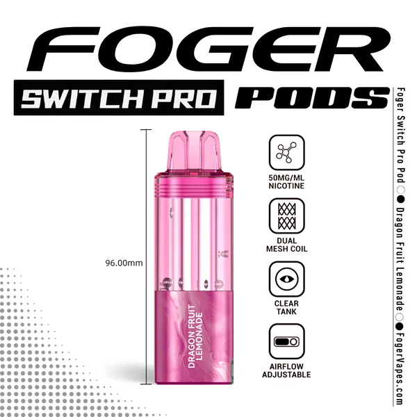 dragon-fruit-lemonade-foger-switch-pro-30k-puffs-disposable-pod-1 Dragon fruit lemonade pod by Foger clicked onto the Switch Pro magnetic dock, clear 19mL tank showing
