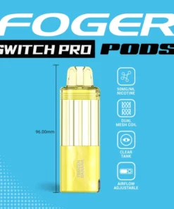 Frozen banana Switch Pro pod by Foger with a clear 19mL tank clicked into the magnetic charging dock
