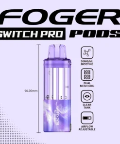 Frozen blackberry Switch Pro pod by Foger with a clear 19mL tank seated in the magnetic charging dock