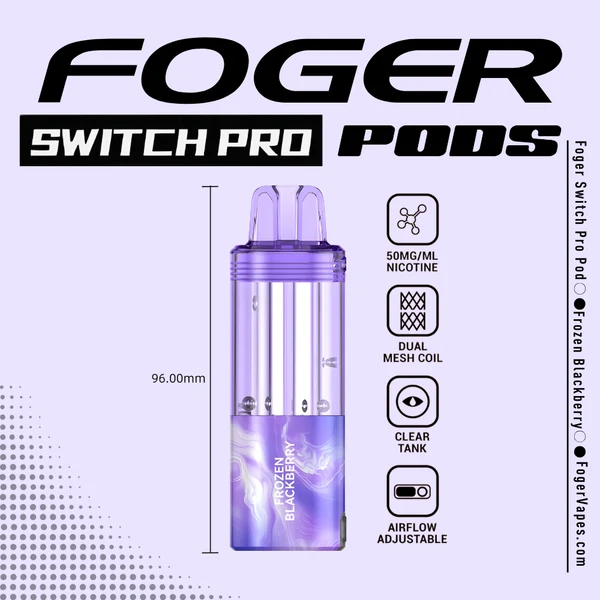 frozen-blackberry-foger-switch-pro-30k-puffs-disposable-pod-cover Frozen blackberry Switch Pro pod by Foger with a clear 19mL tank seated in the magnetic charging dock