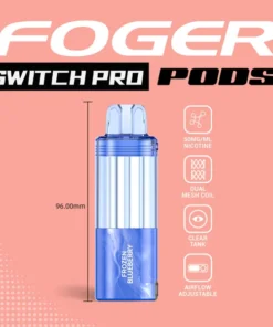 Frozen blueberry Switch Pro pod by Foger showing the clear 19mL tank beside the magnetic charging dock