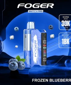 Frozen blueberry kit for the Foger Switch Pro, showing the prefilled blueberry pod clicked onto the reusable power bank dock