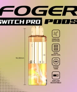 Frozen orange green pod by Foger with sweet orange and green apple flavor, clear 19mL tank docked in the Switch Pro power bank