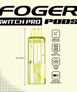 Frozen pineapple Switch Pro pod by Foger with a clear 19mL tank clicked into the magnetic charging dock