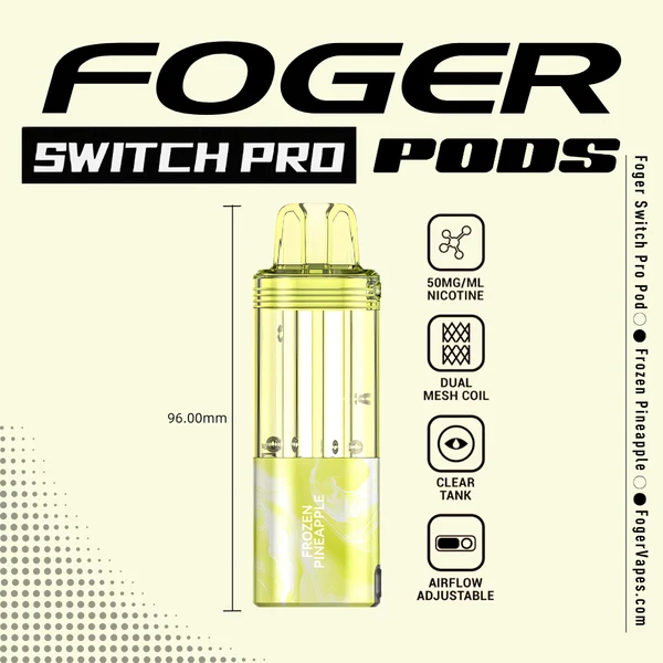 frozen-pineapple-foger-switch-pro-30k-puffs-disposable-pod-cover Frozen pineapple Switch Pro pod by Foger with a clear 19mL tank clicked into the magnetic charging dock