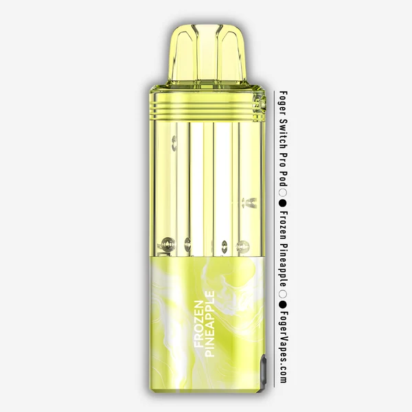 frozen-pineapple-foger-switch-pro-30k-puffs-disposable-pod Frozen pineapple Switch Pro pod by Foger with a clear 19mL tank clicked into the magnetic charging dock