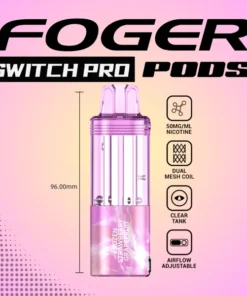 Frozen strawberry grapefruit pod by Foger with a clear 19mL tank next to the Switch Pro magnetic charging dock