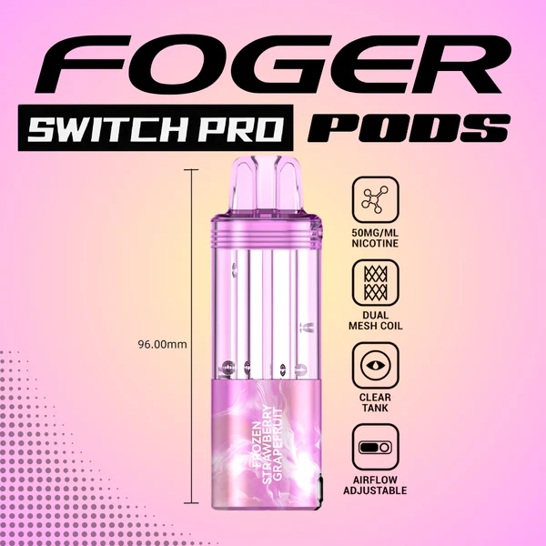 frozen-strawberry-grapefruit-foger-switch-pro-30k-puffs-disposable-pod-cover Frozen strawberry grapefruit pod by Foger with a clear 19mL tank next to the Switch Pro magnetic charging dock