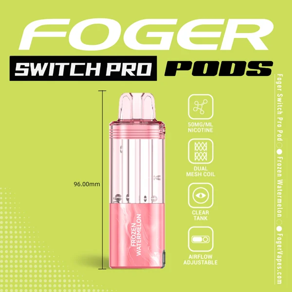 frozen-watermelon-foger-switch-pro-30k-puffs-disposable-pod-1 Frozen watermelon Switch Pro pod by Foger with a clear 19mL tank seated in the magnetic charging dock