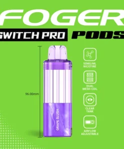 Grape slush Switch Pro pod by Foger with the clear 19mL tank next to the magnetic power bank dock