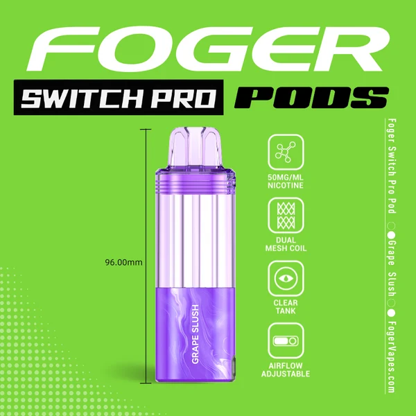 grape-slush-foger-switch-pro-30k-puffs-disposable-pod-1 Grape slush Switch Pro pod by Foger with the clear 19mL tank next to the magnetic power bank dock